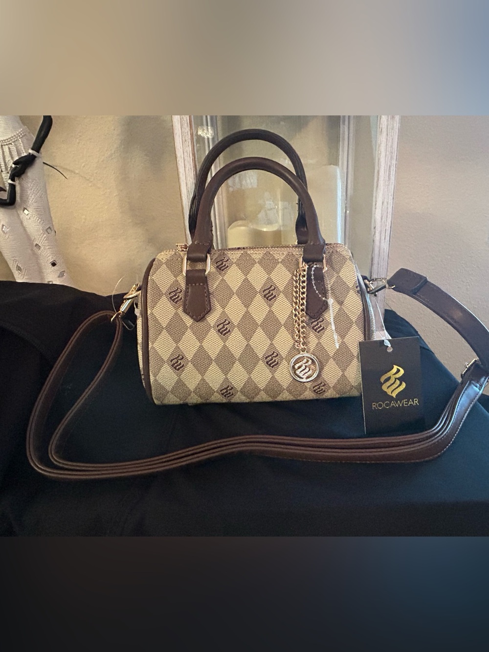 Rocawear Brown & Cream Checker Mini Satchel with Chain Charm